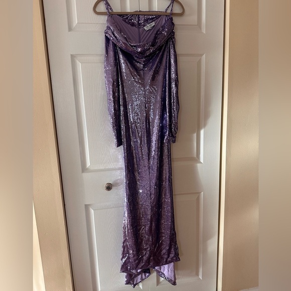The Attico Fanny Off-Shoulder Sequin Dress Gown Long Sleeve Purple - Picture 6 of 12
